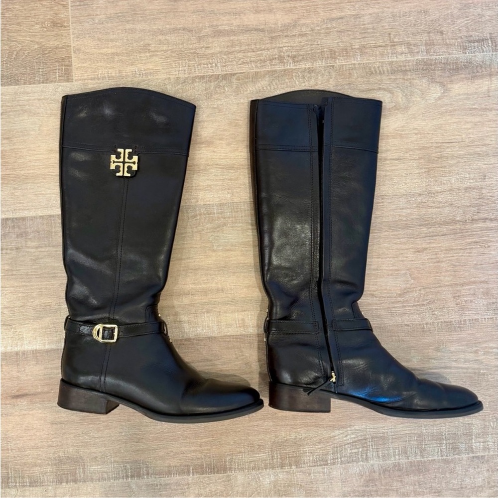 Black Knee-High Leather Boots with Gold Tory Burch Logo
